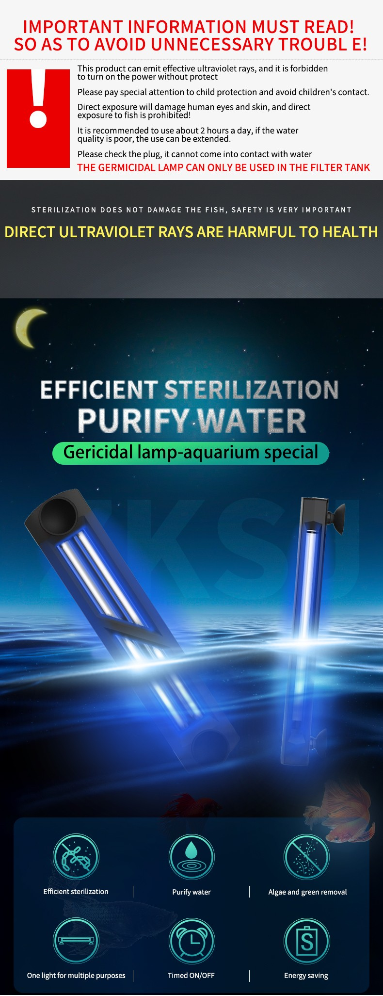 ZKSJ aquarium sterilization lamp fish tank sterilization lamp power optional 5w 11w 18w